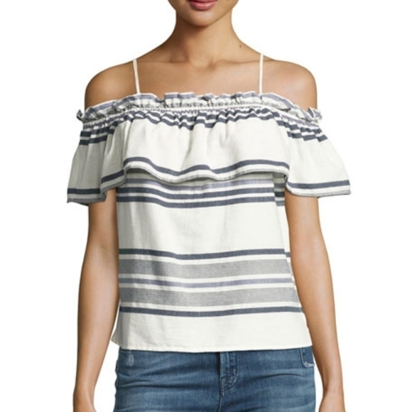 Splendid Off The Shoulder Ruffle Overlay Blue White Striped Top Size Medium - Picture 1 of 9